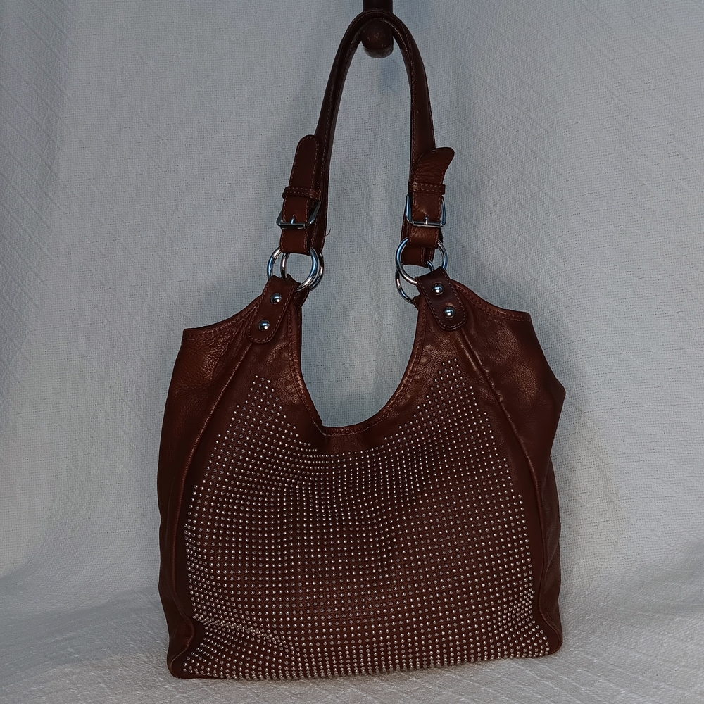 Maurizio Taiuti Hobo Italian Leather Shoulder Bag with Studded Design Brown OS
